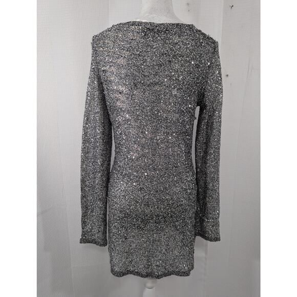 BELLDINI! SILVER & BLACK MARLED KNIT, SILVER MINI-SEQUINNED SWEATER DRESS! SZ L - Picture 5 of 9